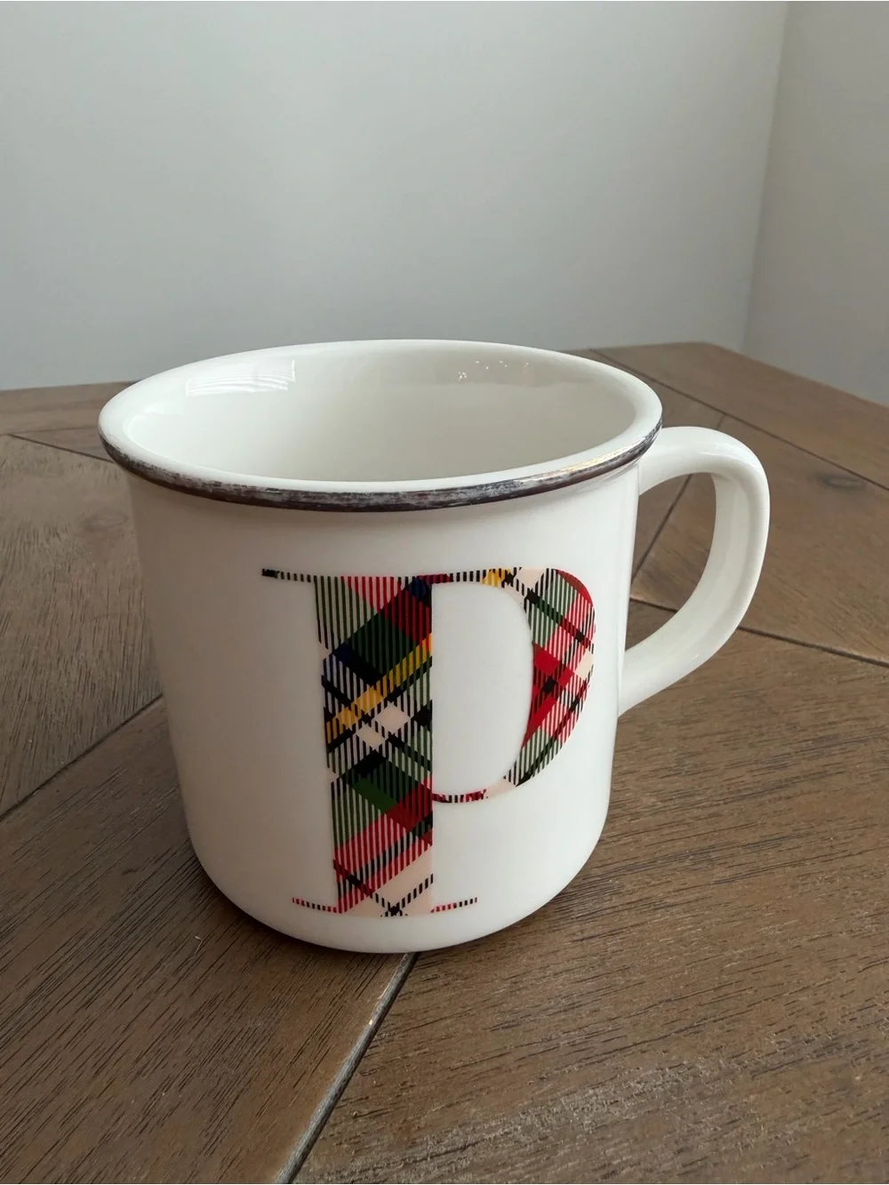 POTTERY BARN Plaid “ P ” Initial Mug Gold Rimmed 14 oz Coffee Tea Cup Monogram